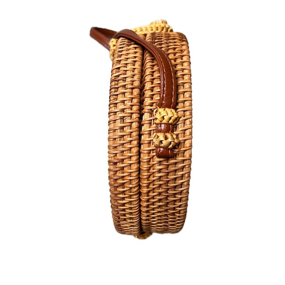 Womens Round Woven Straw Rattan Crossbody Bag Tan Leather Strap Floral Lined - Picture 10 of 16
